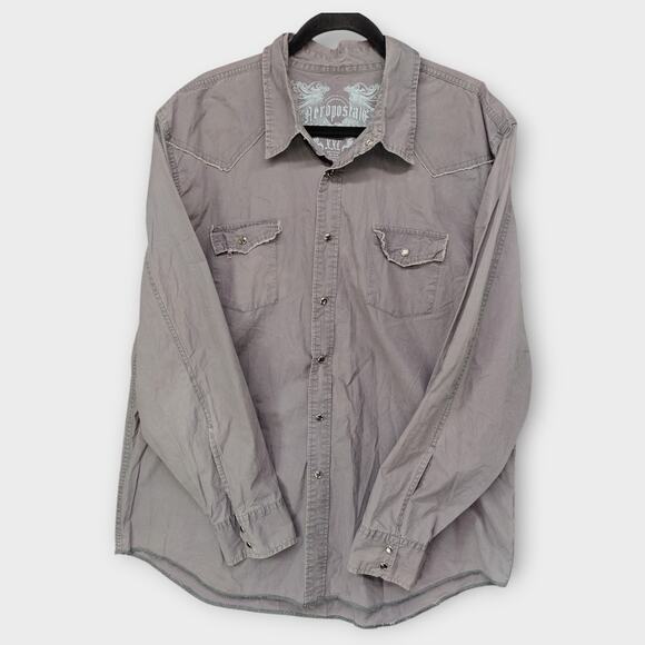 Mens Aeropostale Gray Long Sleeve Button Up Shirt Eagle Pearl Snaps Size XXL - Picture 3 of 7